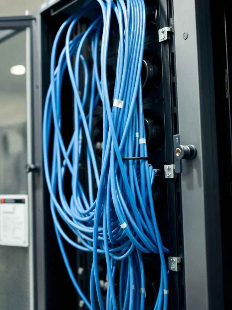 Back of a server rack with neatly tied blue cables and venti
