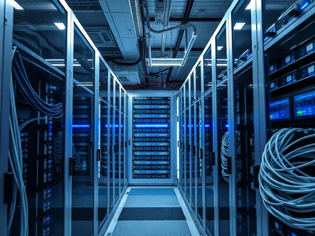 A high-tech server room with clean steel racks, cables organ